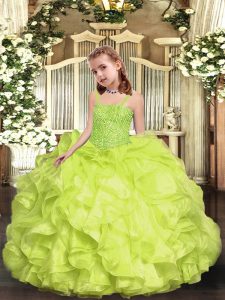 Yellow Green Lace Up Pageant Dress for Womens Beading and Ruffles Sleeveless Floor Length