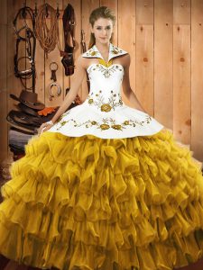 Suitable Gold Lace Up Halter Top Embroidery and Ruffled Layers Quince Ball Gowns Satin and Organza Sleeveless