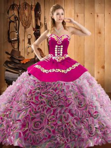 Vintage With Train Multi-color Quinceanera Gowns Satin and Fabric With Rolling Flowers Sweep Train Sleeveless Embroidery