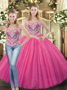 Floor Length Lace Up Ball Gown Prom Dress Hot Pink for Military Ball and Sweet 16 and Quinceanera with Beading