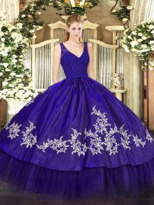 Purple Ball Gowns Beading and Appliques Ball Gown Prom Dress Zipper Taffeta Sleeveless Floor Length