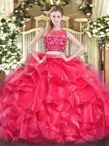 Fancy Red Sleeveless Tulle Zipper Sweet 16 Dresses for Military Ball and Sweet 16 and Quinceanera