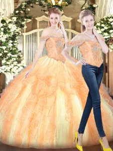 Floor Length Gold Quinceanera Gowns Off The Shoulder Sleeveless Lace Up