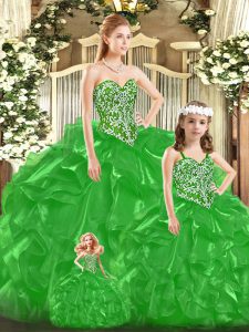 Sweetheart Sleeveless Quinceanera Gown Floor Length Beading and Ruffles and Bowknot Green Tulle