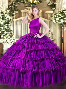 Eggplant Purple Organza Clasp Handle 15th Birthday Dress Sleeveless Floor Length Ruffled Layers