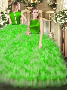Luxurious Sleeveless Ruffled Layers Clasp Handle Quince Ball Gowns