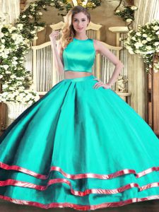 Delicate Turquoise Sleeveless Tulle Criss Cross Sweet 16 Dresses for Military Ball and Sweet 16 and Quinceanera