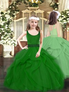 Custom Fit Floor Length Dark Green Winning Pageant Gowns Tulle Sleeveless Beading and Ruffles