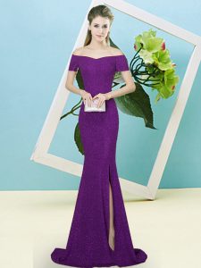 Elegant Sequins Prom Gown Dark Purple Zipper Short Sleeves Sweep Train