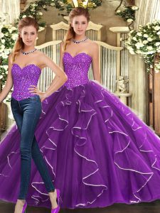 Best Selling Eggplant Purple Sweetheart Lace Up Beading and Ruffles Quince Ball Gowns Sleeveless