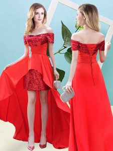 Glittering Off The Shoulder Short Sleeves Lace Up Prom Evening Gown Red Elastic Woven Satin and Sequined