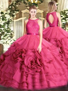 Shining Floor Length Hot Pink Quinceanera Gowns Scoop Sleeveless Zipper