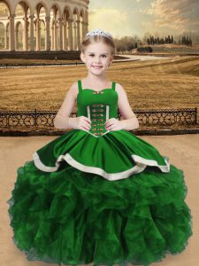 Green Lace Up Kids Pageant Dress Beading and Ruffles Sleeveless Floor Length