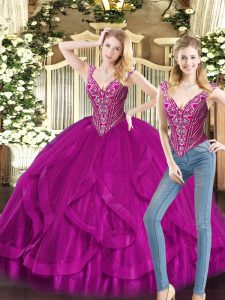 Ball Gowns Vestidos de Quinceanera Fuchsia V-neck Organza Sleeveless Floor Length Lace Up