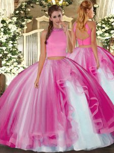 Hot Pink Backless Quinceanera Gowns Beading and Ruffles Sleeveless Floor Length
