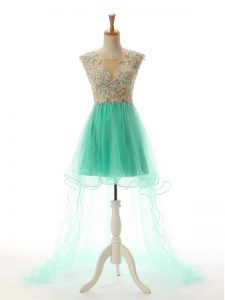 Chic Apple Green Tulle Backless Scoop Sleeveless High Low Prom Party Dress Appliques