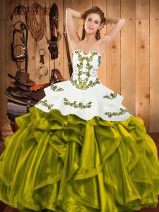 Embroidery and Ruffles 15th Birthday Dress Olive Green Lace Up Sleeveless Floor Length