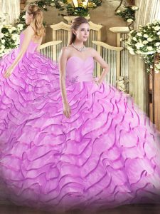 Lilac Lace Up Sweetheart Beading and Ruffled Layers Ball Gown Prom Dress Organza Sleeveless Brush Train