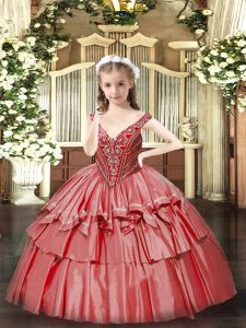 Floor Length Coral Red Pageant Dress Wholesale Organza Sleeveless Beading and Ruffled Layers