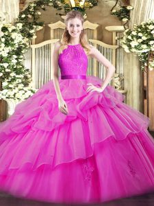 Organza Scoop Sleeveless Zipper Lace and Ruffled Layers Quinceanera Gowns in Fuchsia