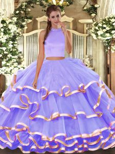 Extravagant Halter Top Sleeveless Organza Quince Ball Gowns Beading and Ruffled Layers Backless