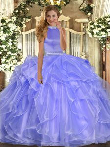 Floor Length Lavender Quinceanera Gown Halter Top Sleeveless Backless
