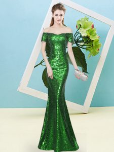Super Green Zipper Off The Shoulder Sequins Prom Dresses Sequined Short Sleeves