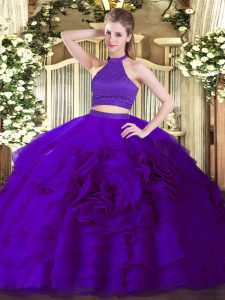 On Sale Purple Backless Halter Top Beading and Ruffles Vestidos de Quinceanera Tulle Sleeveless