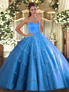 Floor Length Baby Blue Quinceanera Dress Tulle Sleeveless Beading and Appliques
