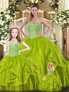 Olive Green Sleeveless Beading and Ruffles Floor Length Ball Gown Prom Dress