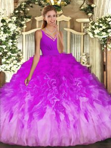 Custom Made V-neck Sleeveless Tulle Quinceanera Gowns Beading and Ruffles Backless