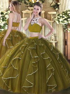 Colorful Beading and Ruffles Quinceanera Dress Olive Green Backless Sleeveless Floor Length