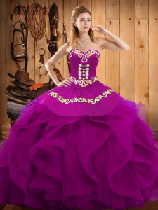 Affordable Sleeveless Organza Floor Length Lace Up 15th Birthday Dress in Fuchsia with Embroidery and Ruffles