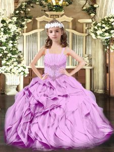 Lilac Ball Gowns Beading and Ruffles Little Girls Pageant Gowns Lace Up Organza Sleeveless Floor Length