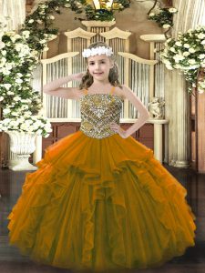 Floor Length Lace Up Little Girls Pageant Dress Brown for Party and Quinceanera with Beading and Ruffles