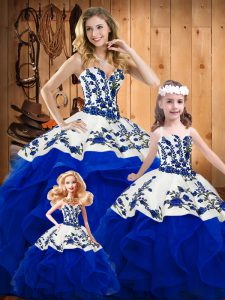 Royal Blue Ball Gowns Organza Sweetheart Sleeveless Embroidery and Ruffles Floor Length Lace Up Ball Gown Prom Dress