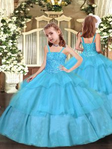 Aqua Blue Straps Lace Up Beading and Ruffled Layers Evening Gowns Sleeveless
