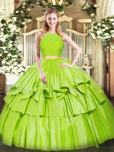 Yellow Green Two Pieces Ruffled Layers Quinceanera Dresses Zipper Tulle Sleeveless Floor Length