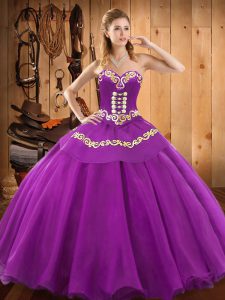 Sleeveless Satin and Tulle Floor Length Lace Up Ball Gown Prom Dress in Purple with Embroidery