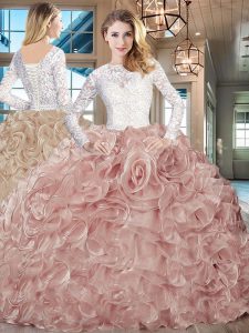 Long Sleeves Lace and Ruffles Lace Up Sweet 16 Quinceanera Dress with Champagne Brush Train