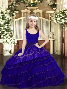 Blue Pageant Dress for Womens Party and Quinceanera with Beading and Embroidery and Ruffled Layers Scoop Sleeveless Zipper