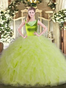 Scoop Sleeveless Sweet 16 Quinceanera Dress Floor Length Beading and Ruffles Yellow Green Organza
