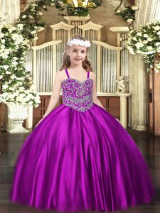 Purple Ball Gowns Satin Straps Sleeveless Beading Floor Length Lace Up Little Girls Pageant Gowns