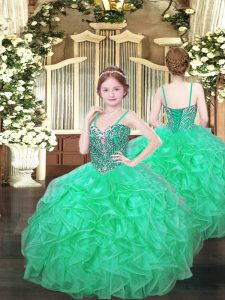Spaghetti Straps Sleeveless Organza Pageant Gowns Beading and Ruffles Lace Up
