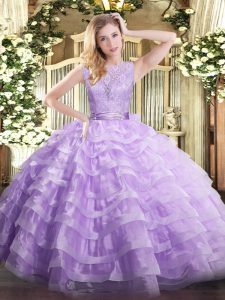 Unique Lavender Ball Gowns Organza Scoop Sleeveless Lace and Ruffled Layers Floor Length Backless Quinceanera Dress