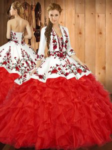Tulle Sweetheart Sleeveless Lace Up Embroidery and Ruffles Vestidos de Quinceanera in Red