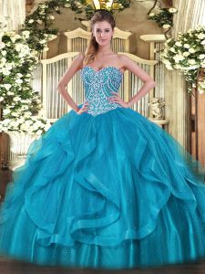 Beading and Ruffles Quinceanera Gowns Baby Blue Lace Up Sleeveless Floor Length