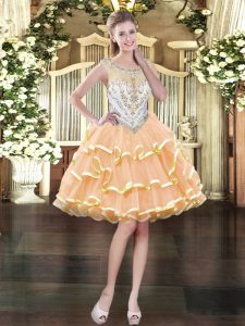 Glorious Mini Length Peach Prom Gown Organza Sleeveless Beading and Ruffled Layers