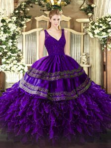 Suitable Purple Zipper V-neck Beading and Ruffles Sweet 16 Dresses Organza Sleeveless