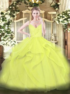 Yellow Green and Yellow Tulle Zipper Spaghetti Straps Sleeveless Floor Length Sweet 16 Dresses Ruffles and Ruching